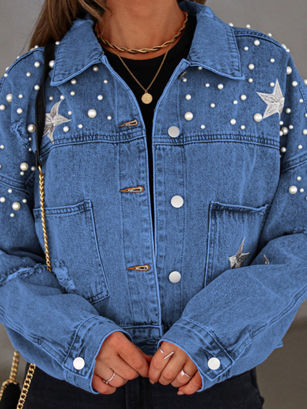 Pearl Studded Distressed Denim Jacket - Blue / S