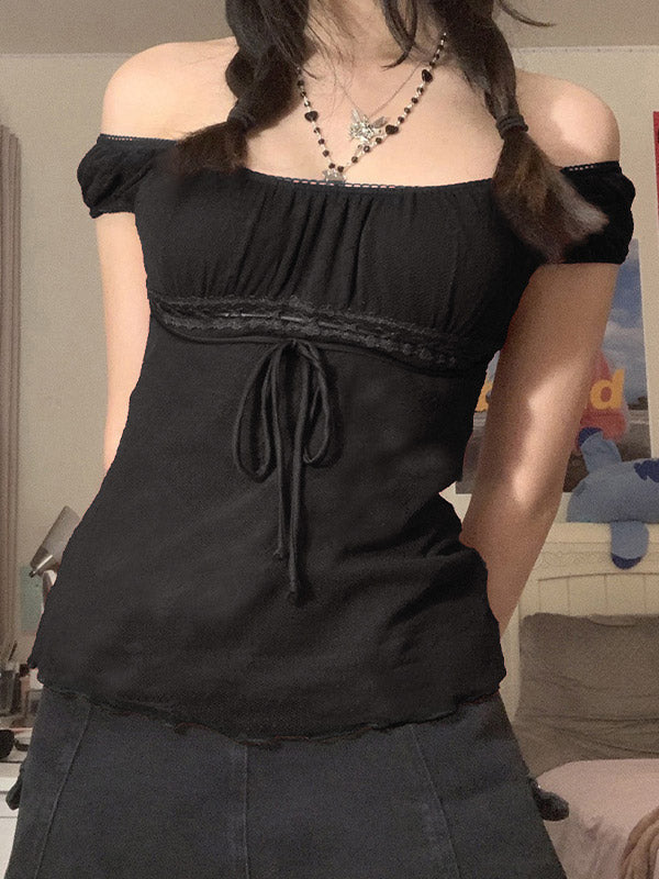 PEASANT TOP WITH BLACK TIE-FRONT AND LACE TRIM DETAIL