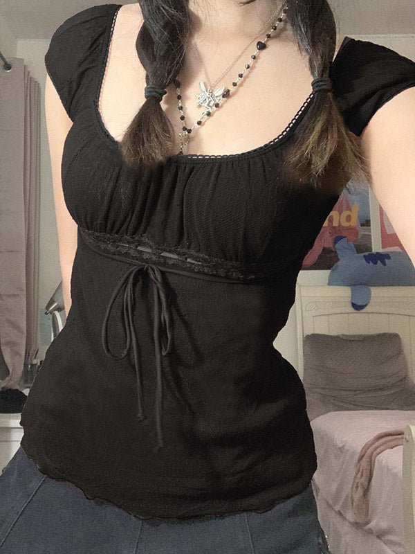 PEASANT TOP WITH BLACK TIE-FRONT AND LACE TRIM DETAIL