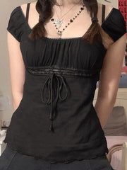 PEASANT TOP WITH BLACK TIE-FRONT AND LACE TRIM DETAIL
