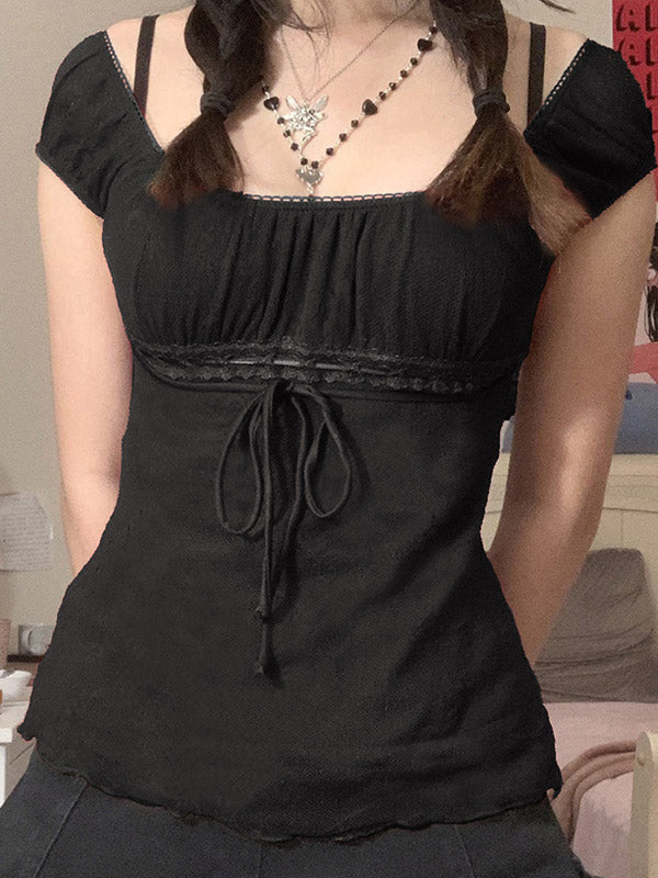 PEASANT TOP WITH BLACK TIE-FRONT AND LACE TRIM DETAIL