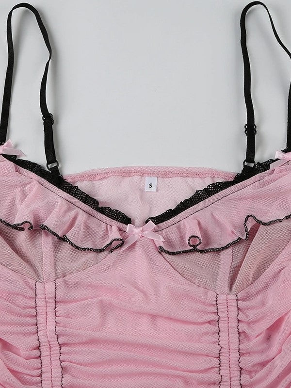 PINK AND BLACK LINGERIE TOP AND SKIRT SET WITH SWEETHEART NECKLINE
