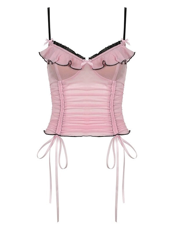 PINK AND BLACK LINGERIE TOP AND SKIRT SET WITH SWEETHEART NECKLINE