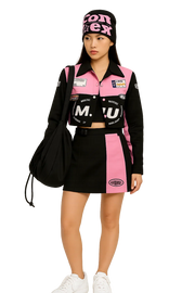 PINK AND BLACK RACING-THEMED OUTFIT FOR Y2K FASHION