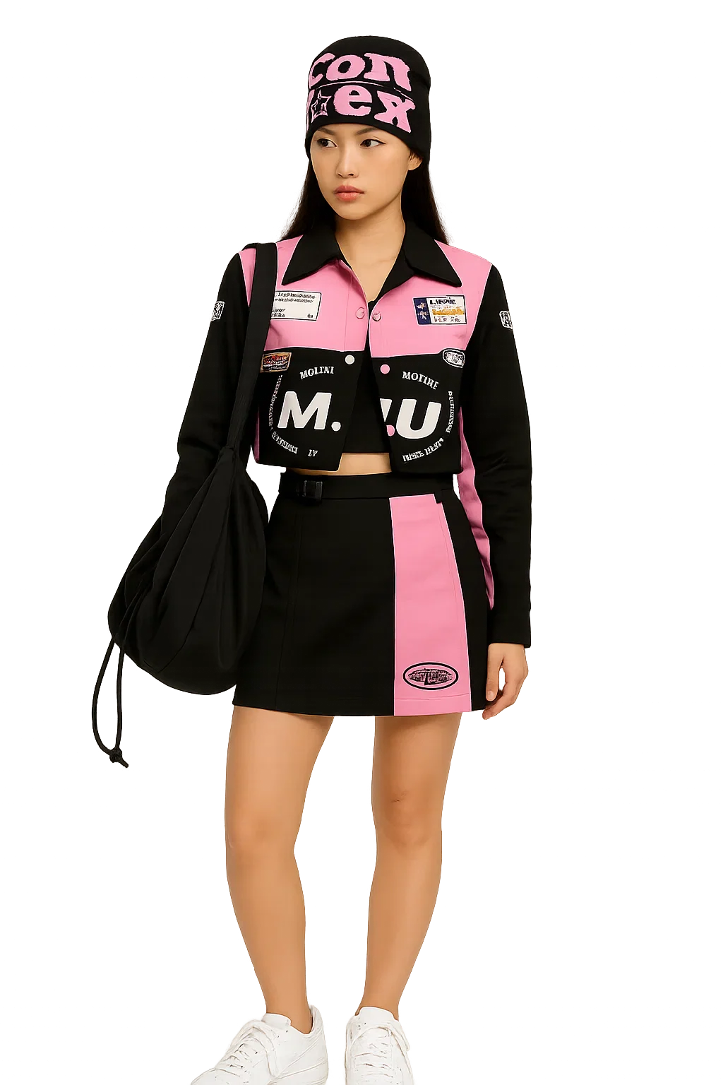PINK AND BLACK RACING-THEMED OUTFIT FOR Y2K FASHION