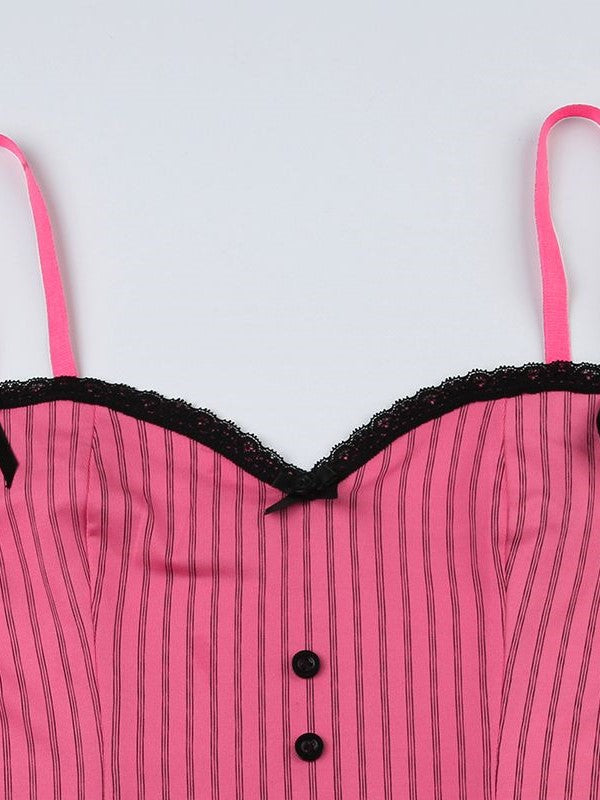 PINK AND BLACK STRIPED CORSET TOP WITH LACE TRIM FOR VINTAGE STYLES