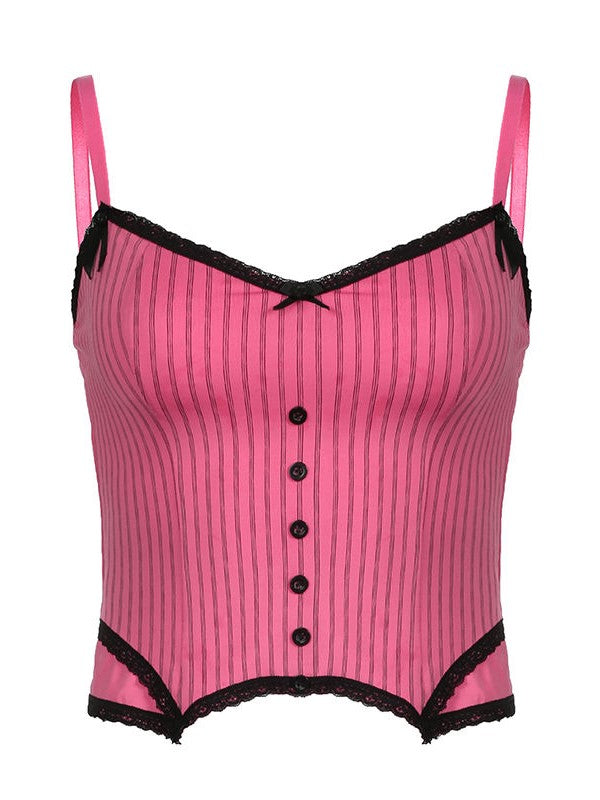 PINK AND BLACK STRIPED CORSET TOP WITH LACE TRIM FOR VINTAGE STYLES