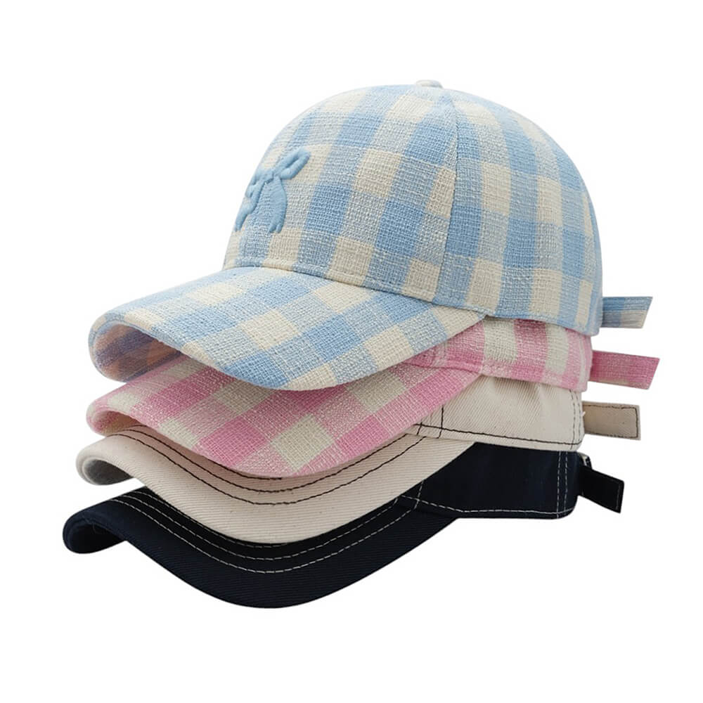 PINK AND WHITE CHECKERED BASEBALL CAP WITH BOW FOR KIDS