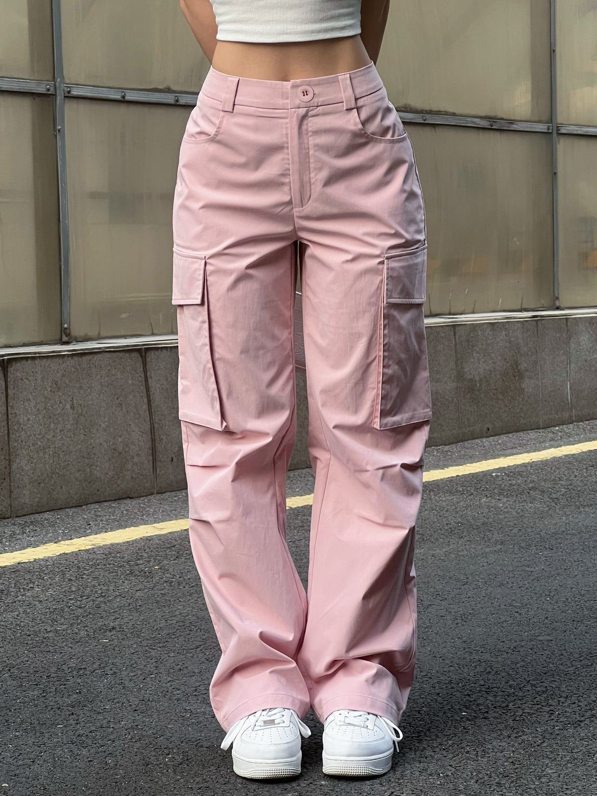 PINK CARGO PANTS WITH RUCHED DETAILS - COMFORTABLE CARGO PANTS