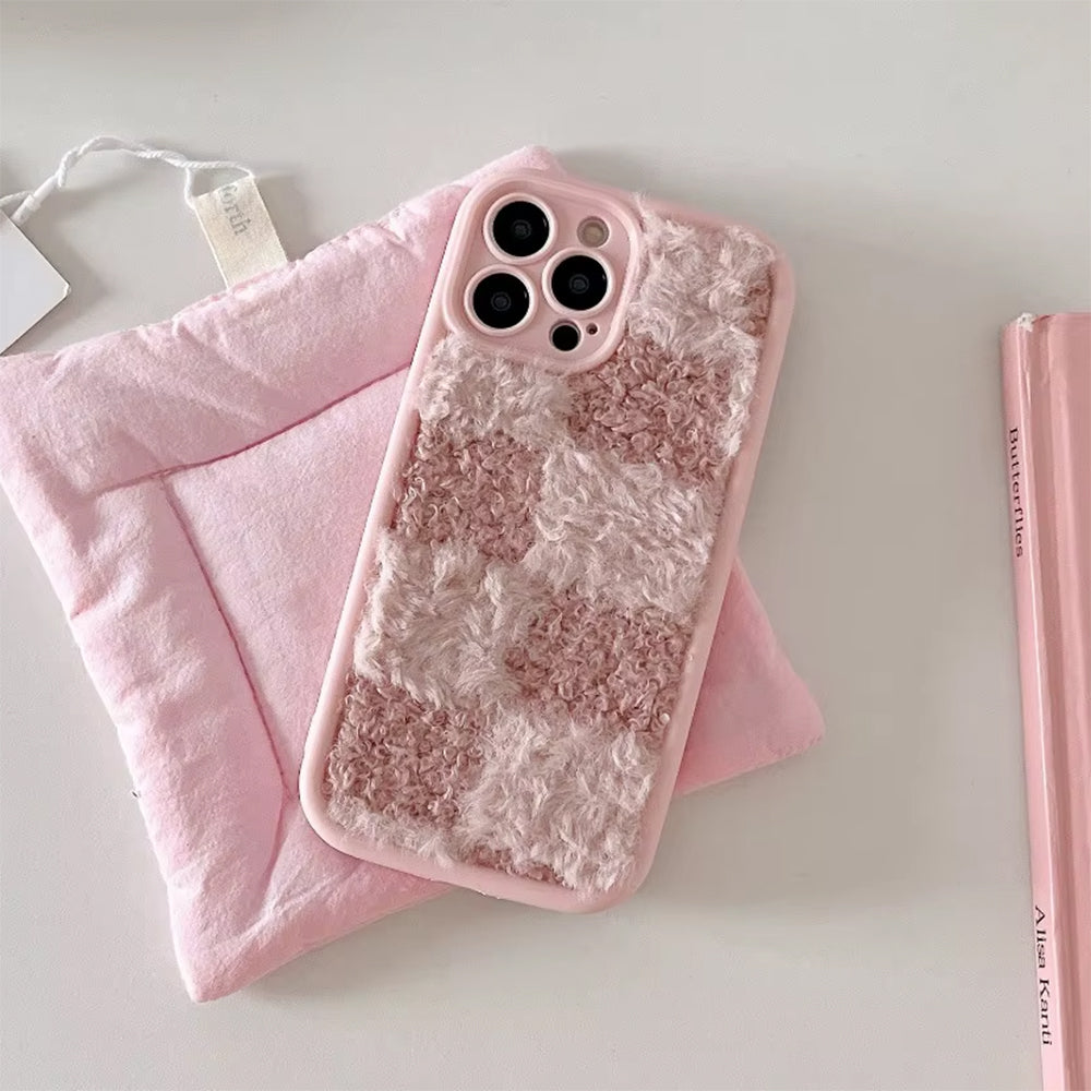 PINK CHECKERED IPHONE CASE FUZZY PHONE ACCESSORY