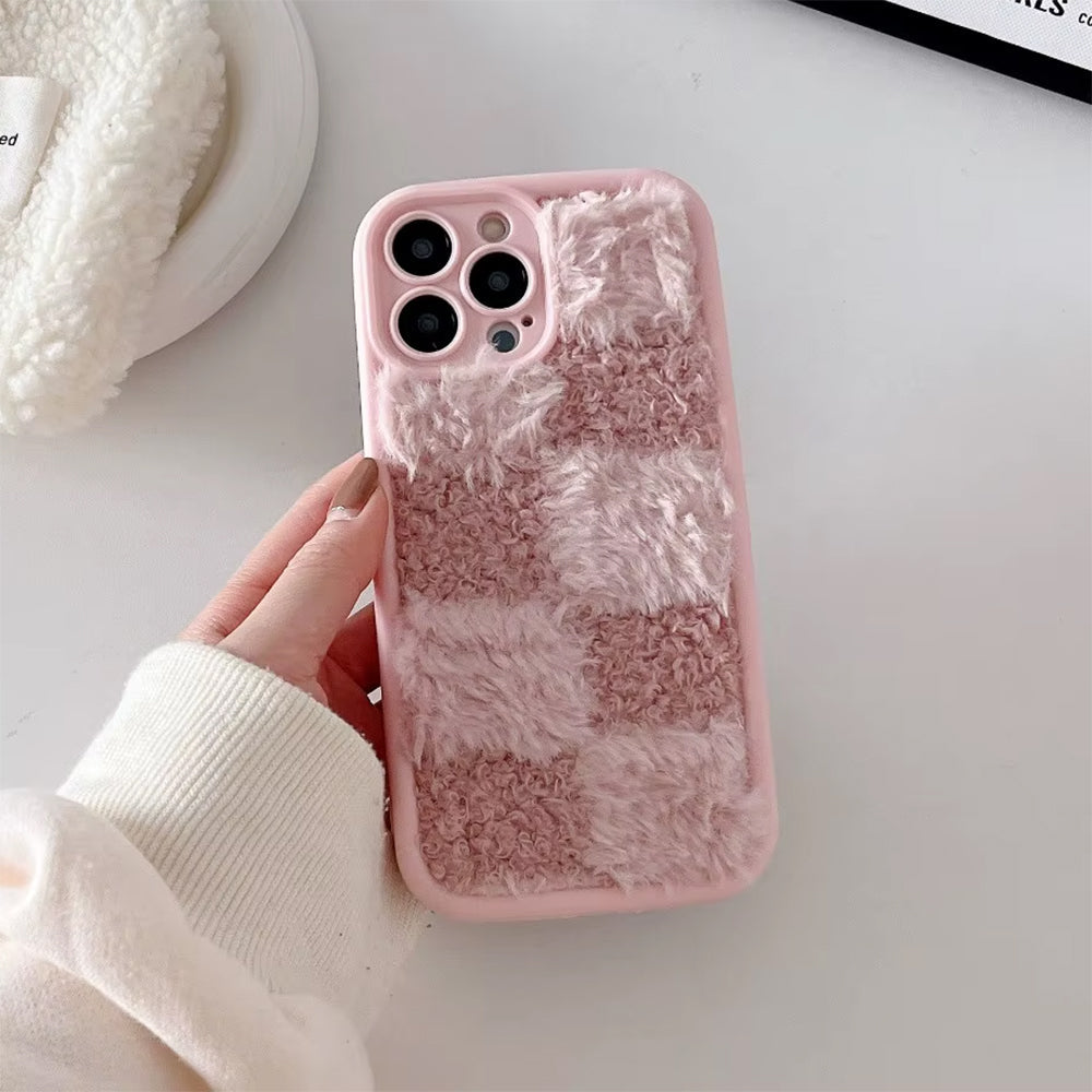 PINK CHECKERED IPHONE CASE FUZZY PHONE ACCESSORY