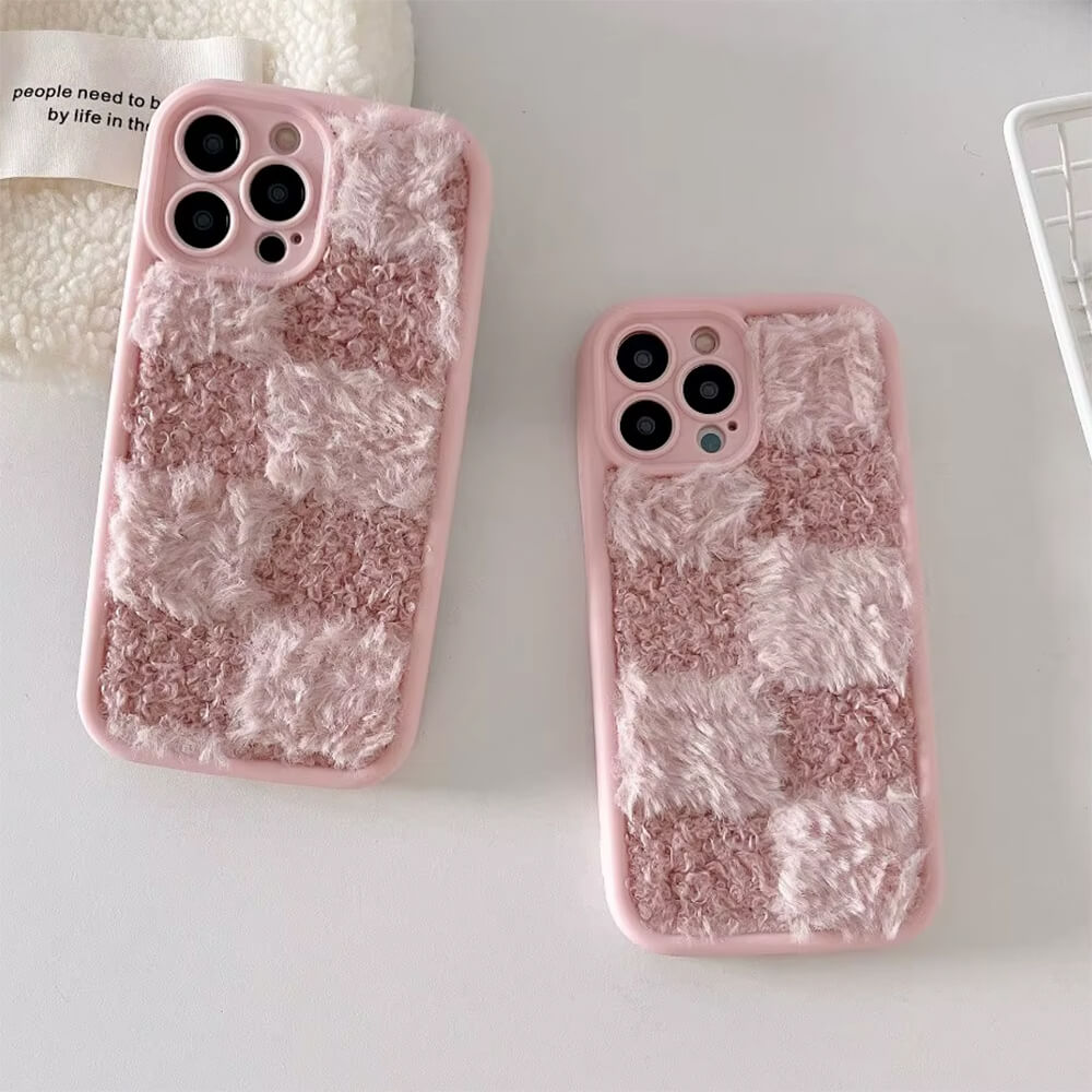 PINK CHECKERED IPHONE CASE FUZZY PHONE ACCESSORY