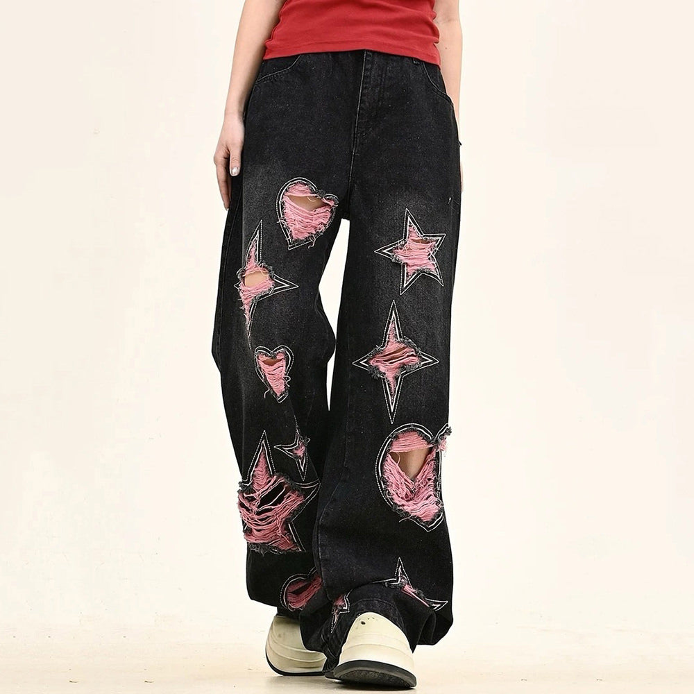 PINK DISTRESSED STAR AND HEART WIDE-LEG JEANS FOR WOMEN