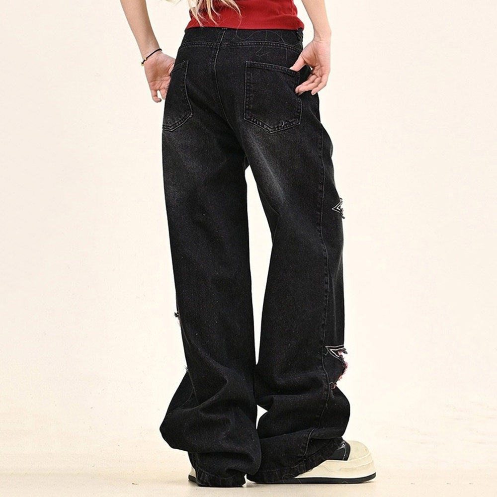 PINK DISTRESSED STAR AND HEART WIDE-LEG JEANS FOR WOMEN