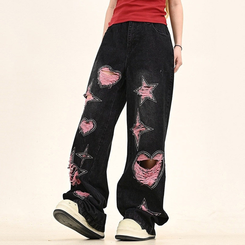 PINK DISTRESSED STAR AND HEART WIDE-LEG JEANS FOR WOMEN