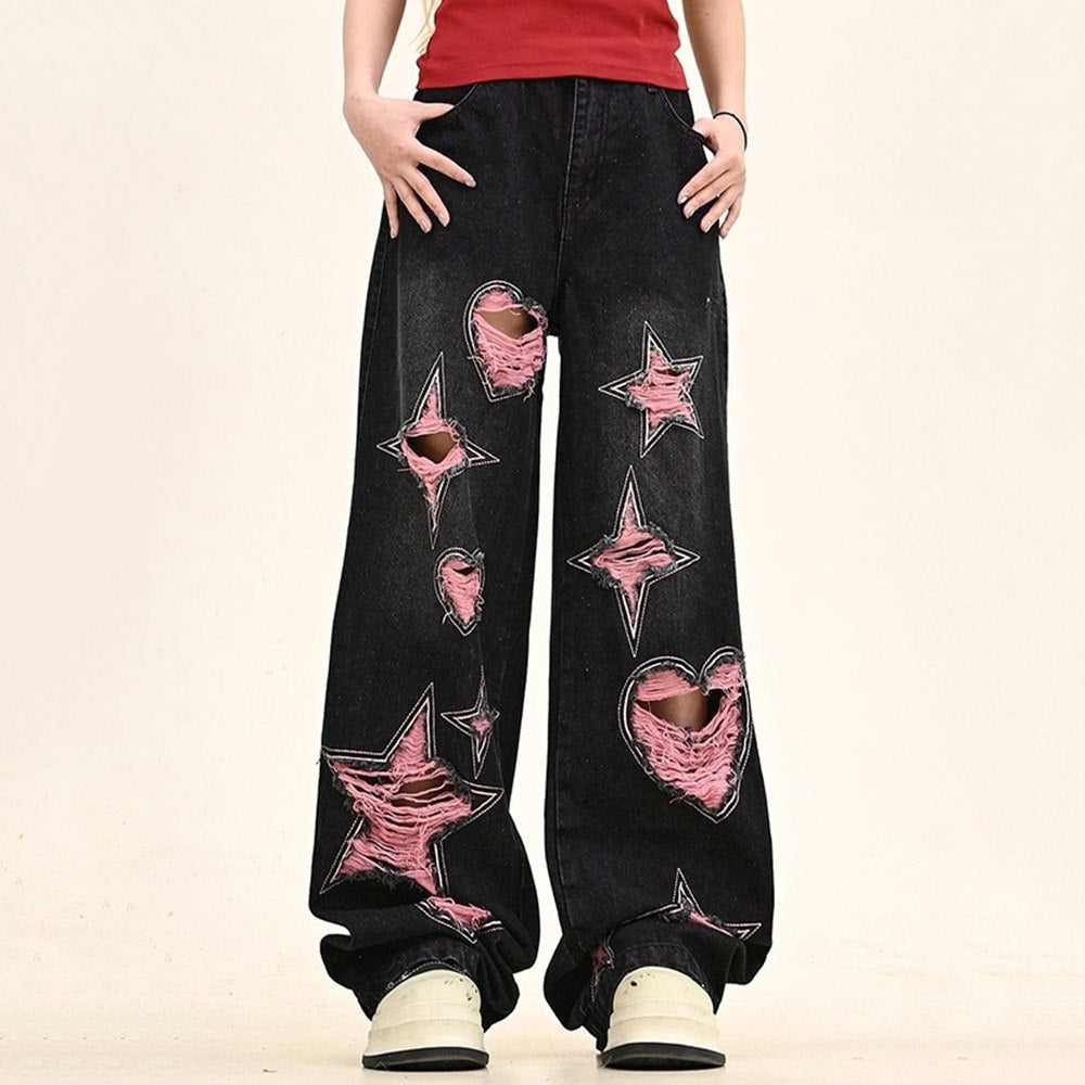 PINK DISTRESSED STAR AND HEART WIDE-LEG JEANS FOR WOMEN