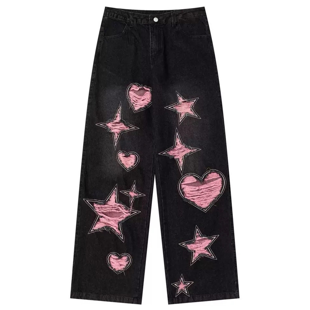 PINK DISTRESSED STAR AND HEART WIDE-LEG JEANS FOR WOMEN