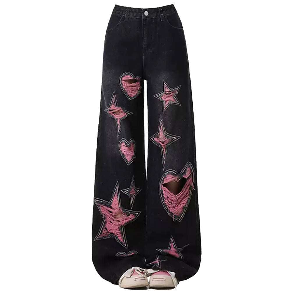 PINK DISTRESSED STAR AND HEART WIDE-LEG JEANS FOR WOMEN