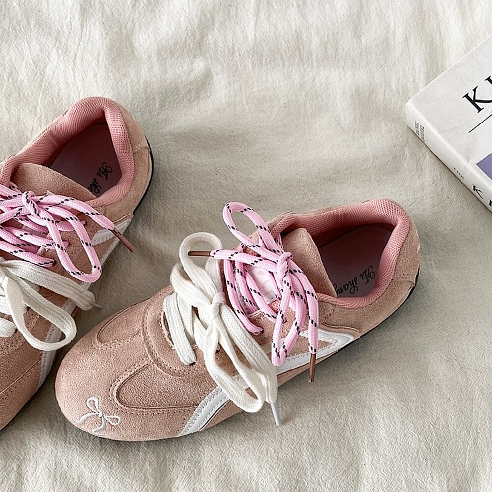 PINK FAUX SUEDE SNEAKER WITH PASTEL PINK BOW EMBROIDERY