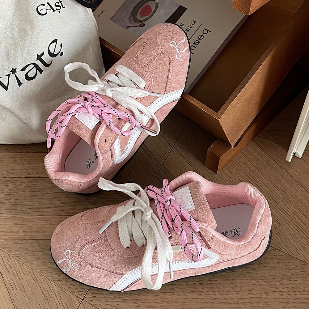 PINK FAUX SUEDE SNEAKER WITH PASTEL PINK BOW EMBROIDERY