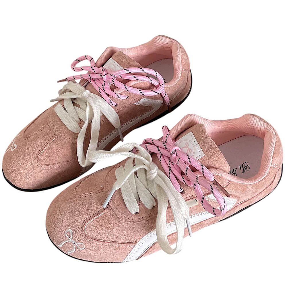 PINK FAUX SUEDE SNEAKER WITH PASTEL PINK BOW EMBROIDERY