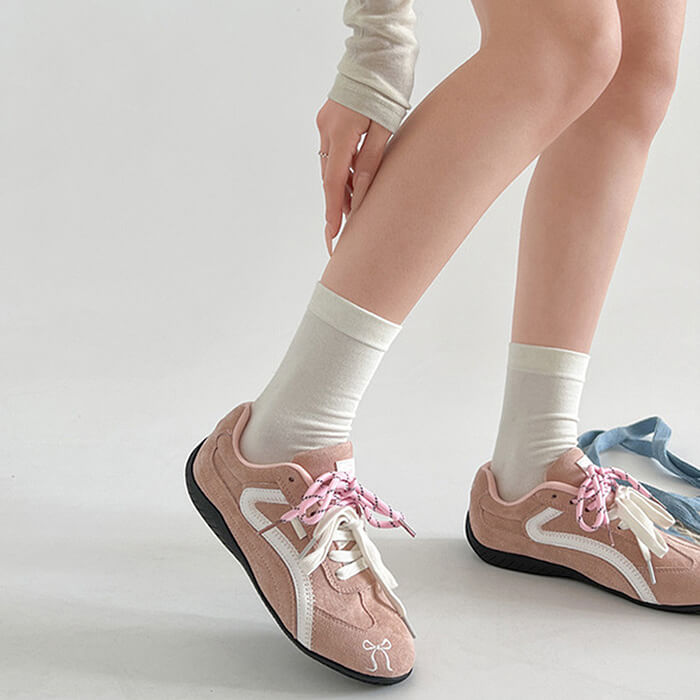 PINK FAUX SUEDE SNEAKER WITH PASTEL PINK BOW EMBROIDERY