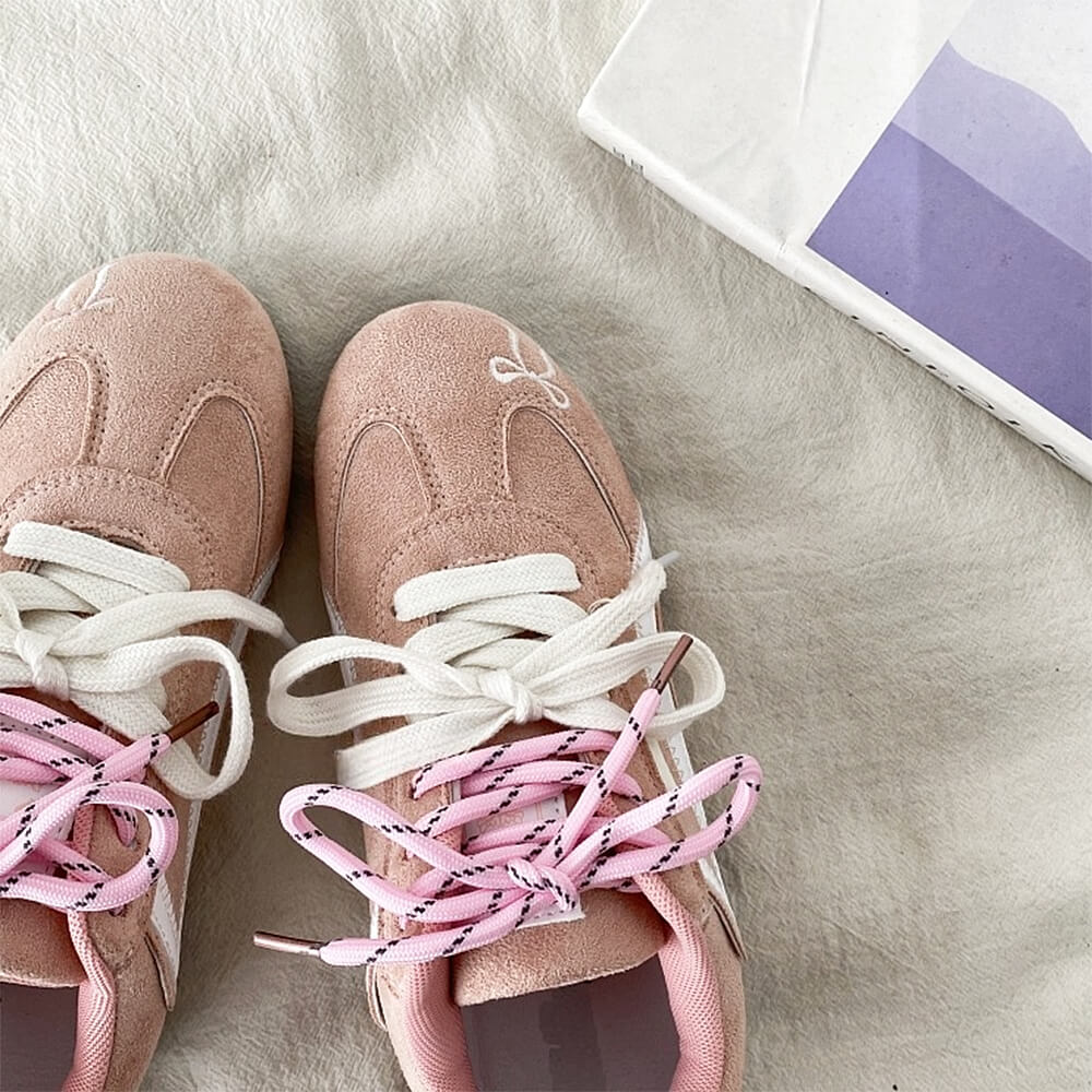 PINK FAUX SUEDE SNEAKER WITH PASTEL PINK BOW EMBROIDERY