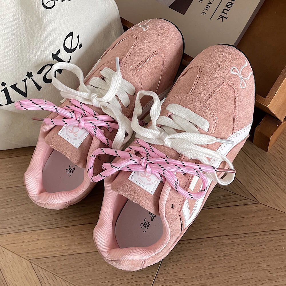 PINK FAUX SUEDE SNEAKER WITH PASTEL PINK BOW EMBROIDERY