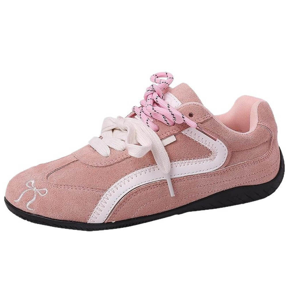 PINK FAUX SUEDE SNEAKER WITH PASTEL PINK BOW EMBROIDERY