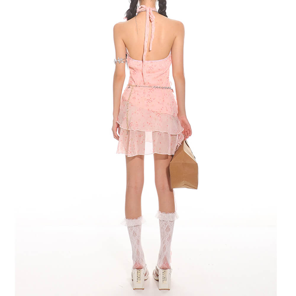 PINK FLORAL HALTER DRESS WITH CHARM BELT EARLY 2000S STYLE