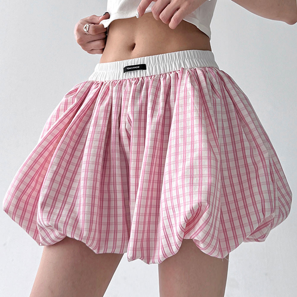 PINK GINGHAM BALLOON SKIRT FOR WOMEN