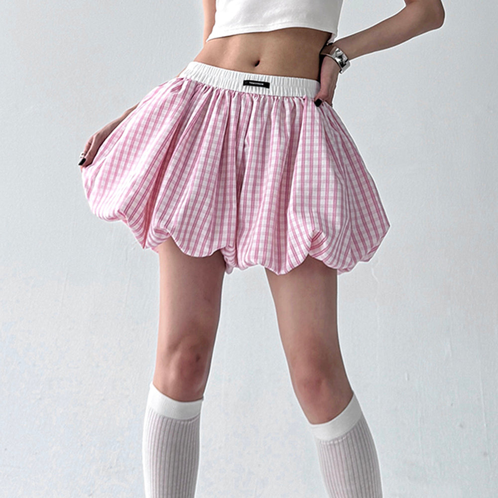 PINK GINGHAM BALLOON SKIRT FOR WOMEN