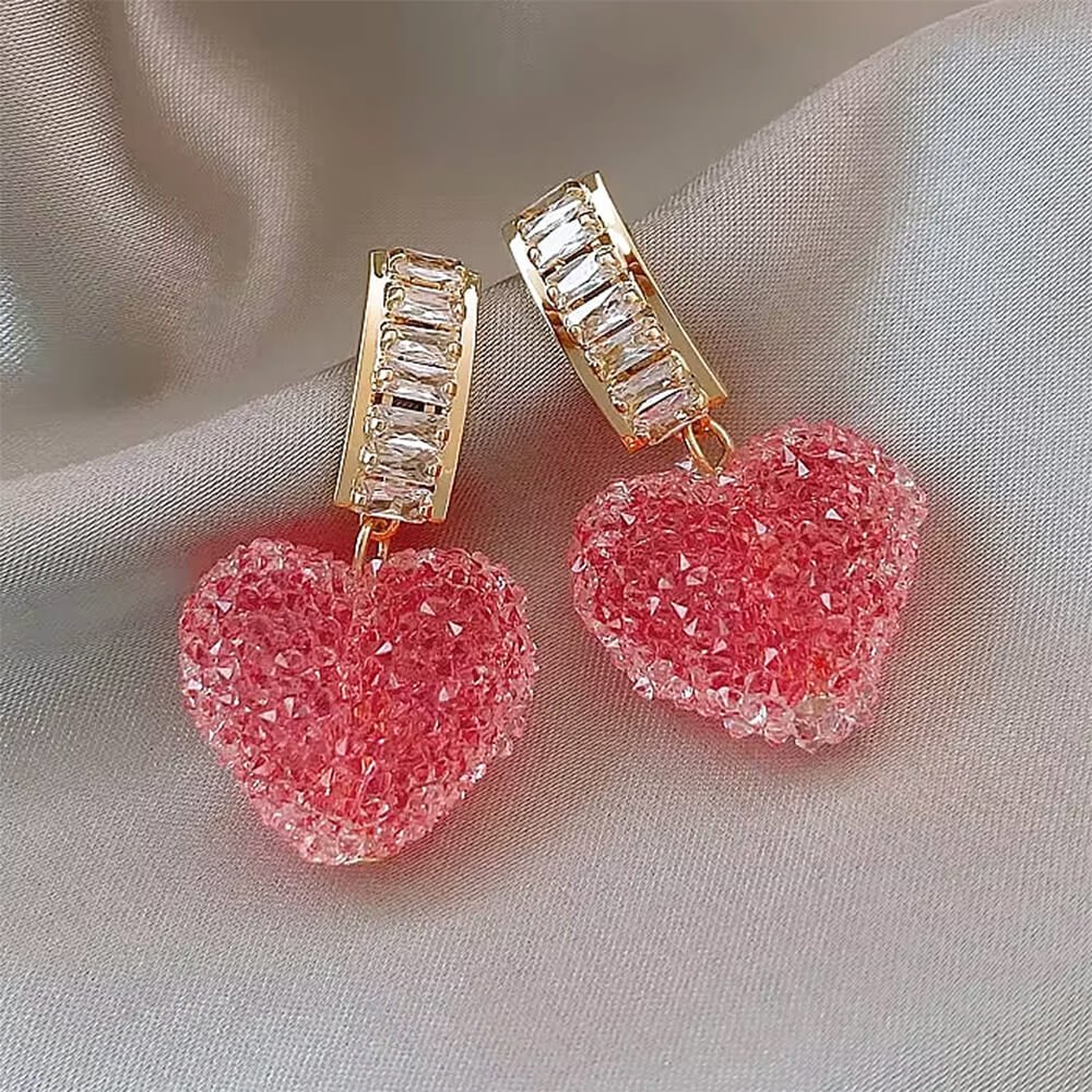 PINK HEART DANGLE EARRINGS ROMANTIC ELEGANCE