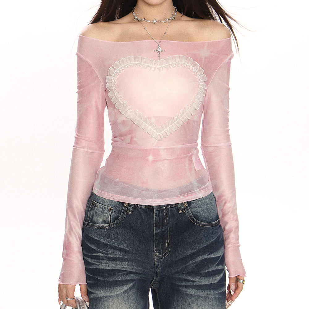 PINK HEART MESH TOP SOFT GIRL AESTHETIC