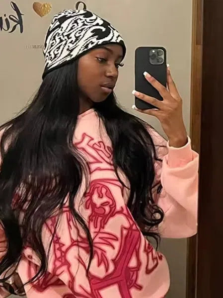 PINK HOODIE WITH CARTOON FIGURES AND WASHABLE HOODED NECK