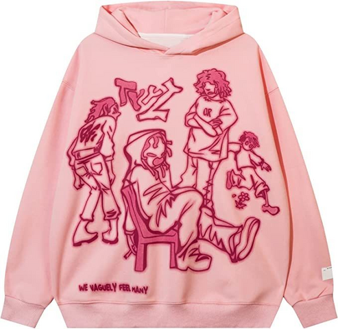 PINK HOODIE WITH CARTOON FIGURES AND WASHABLE HOODED NECK