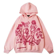 PINK HOODIE WITH CARTOON FIGURES AND WASHABLE HOODED NECK