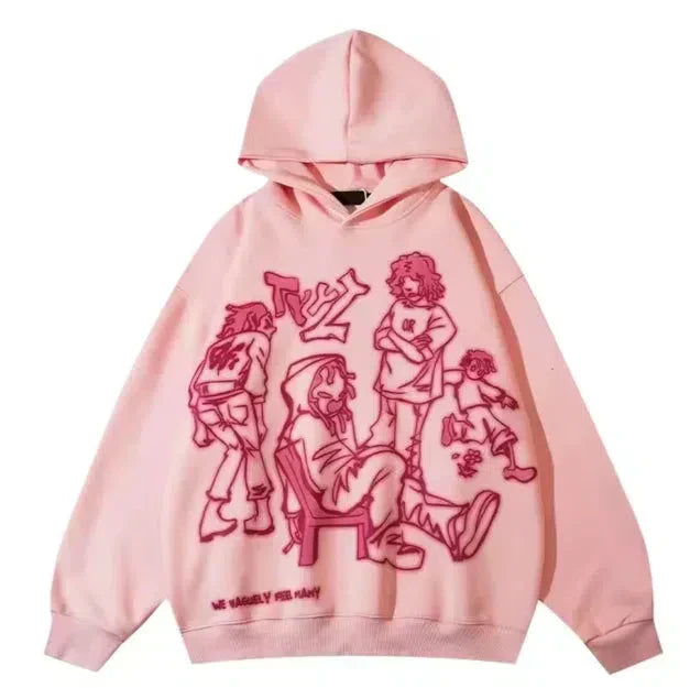 PINK HOODIE WITH CARTOON FIGURES AND WASHABLE HOODED NECK