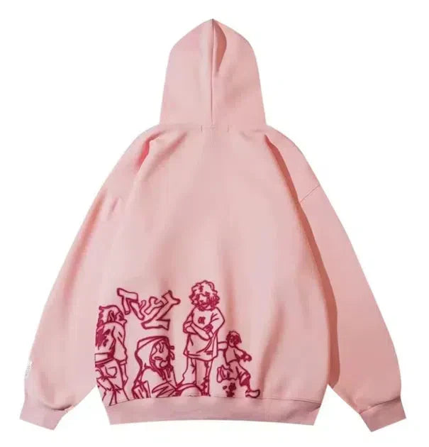 PINK HOODIE WITH CARTOON FIGURES AND WASHABLE HOODED NECK