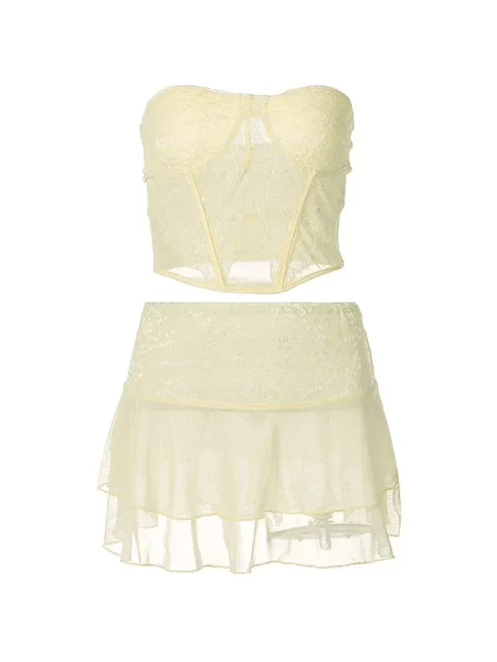 PINK LACE CORSET AND MINI SKIRT TWO PIECE SET