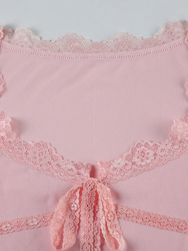 PINK LACE-TRIMMED LONG-SLEEVED TOP VINTAGE LOOSE FIT