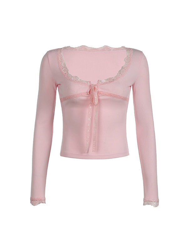PINK LACE-TRIMMED LONG-SLEEVED TOP VINTAGE LOOSE FIT