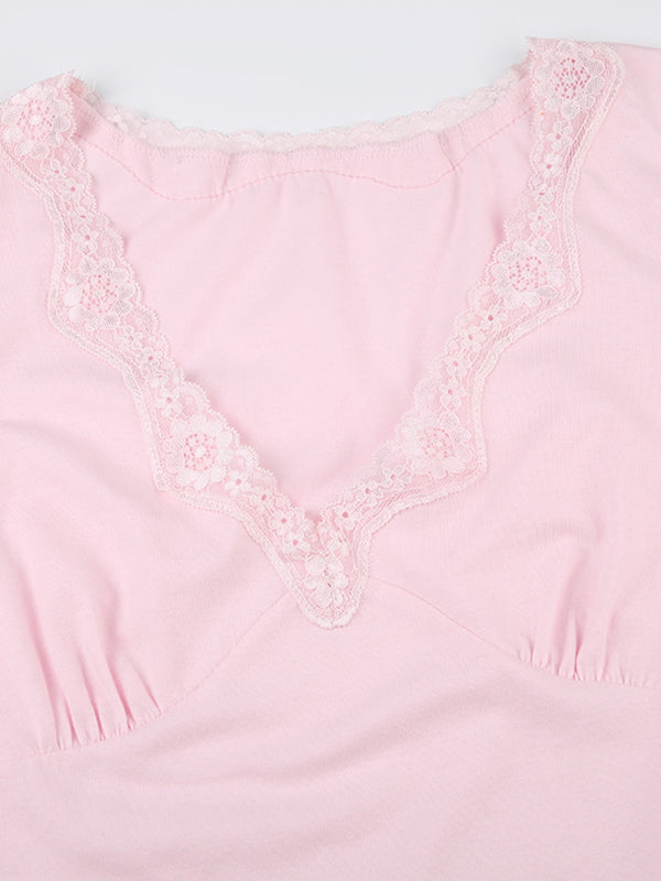 PINK LACE-TRIMMED V-NECK SHORT-SLEEVED SHIRT Y2K CASUAL STYLE