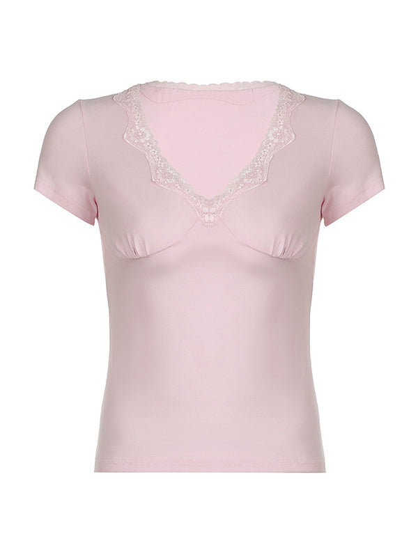 PINK LACE-TRIMMED V-NECK SHORT-SLEEVED SHIRT Y2K CASUAL STYLE