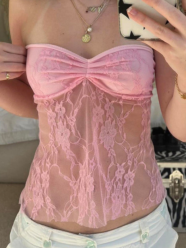 PINK LACE TUBE TOP WITH BACKLESS LACE-UP DESIGN FOR Y2K FASHION