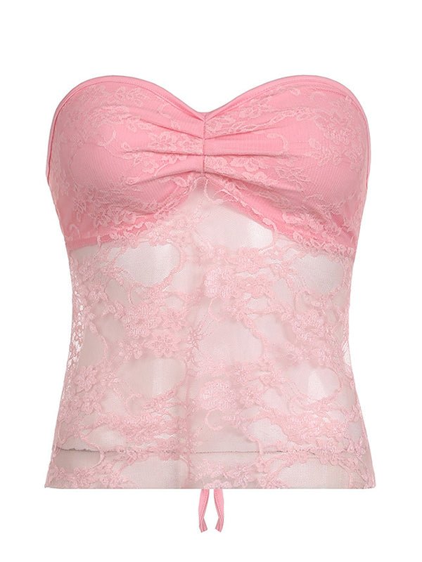 PINK LACE TUBE TOP WITH BACKLESS LACE-UP DESIGN FOR Y2K FASHION