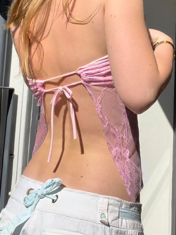 PINK LACE TUBE TOP WITH BACKLESS LACE-UP DESIGN FOR Y2K FASHION