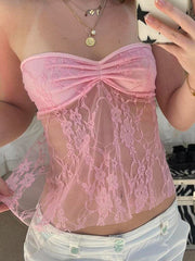 PINK LACE TUBE TOP WITH BACKLESS LACE-UP DESIGN FOR Y2K FASHION