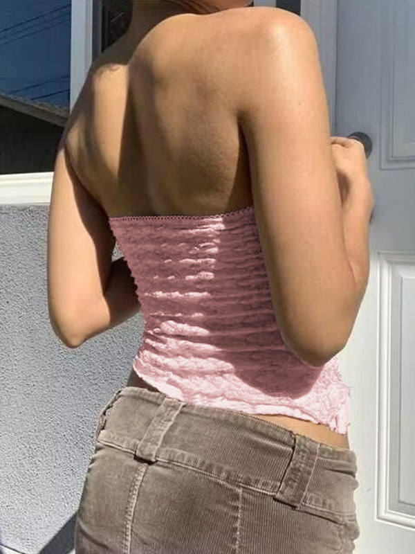 PINK LACE TUBE TOP WITH BOW PATTERN - CUTE BOW BANDEAU
