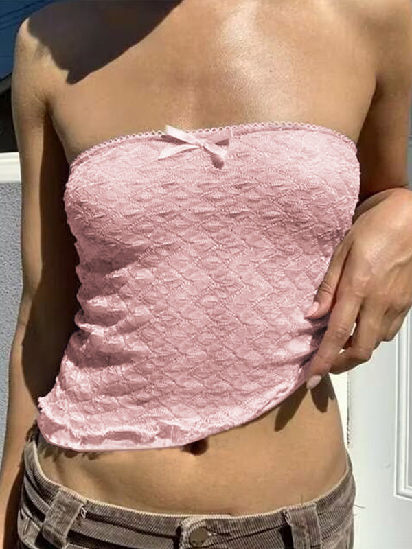 PINK LACE TUBE TOP WITH BOW PATTERN - CUTE BOW BANDEAU